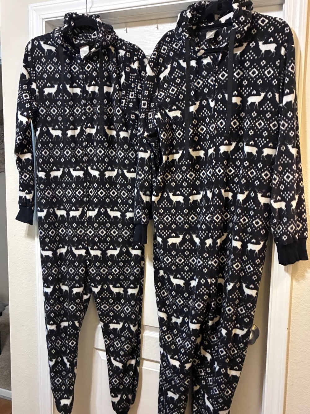 Falls Creek Sleepwear Black Hooded Onesie W/White Reindeer & Geometric Pattern